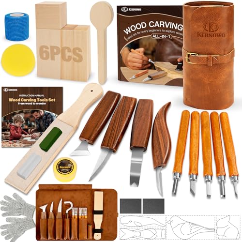 KERNOWO Woodworking Set, 32Pcs Wood Carving Kit with Deluxe PU Leather Case, Basswood Blocks for DIY Beginners and Enthusiasts, Gift Idea