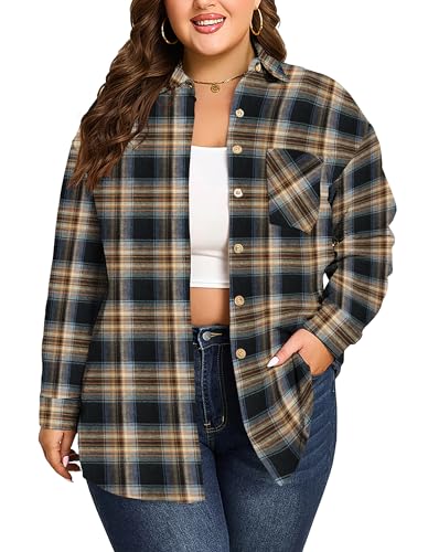 Womens Plus Size Flannel Plaid Shirts Long Sleeve Casual Collared Button Down Blouse Top