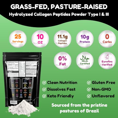 Image of Halal Collagen Peptides Powder Grass Fed & Pasture Raised, 10oz Pouch - 25 Servings. Keto-Friendly & Non-GMO. Gluten-Free Hydrolyzed Collagen for Women & Men. Hair, Skin, & Nails Support, Unflavored.