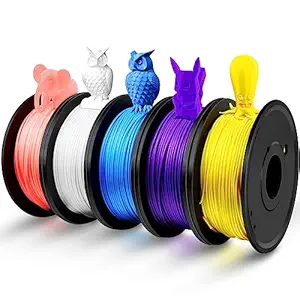 FAHKNS 3D Printer Filament Bundle Multicolor, 250g PLA Filament 1.75mm, Dimensional Accuracy +/- 0.02 mm,1.25kg Total, 0.25kg per Spool, 5 Pack, Vacuum Packed, white+yellow+blue+purple + pink