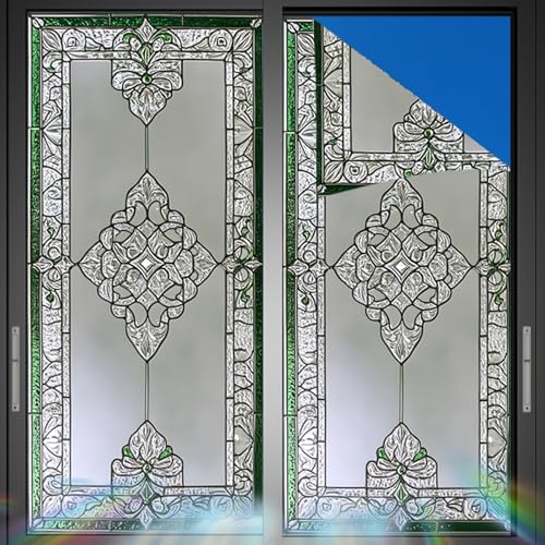 Image of Nuxovilar Sparkle Green Edged Vintage Pattern Window Film 17.7x39.4 PVC | Green Edged, Vintage Cling geometric pattern sticker, classic glass wrap for living room bedroom study (Vintage)