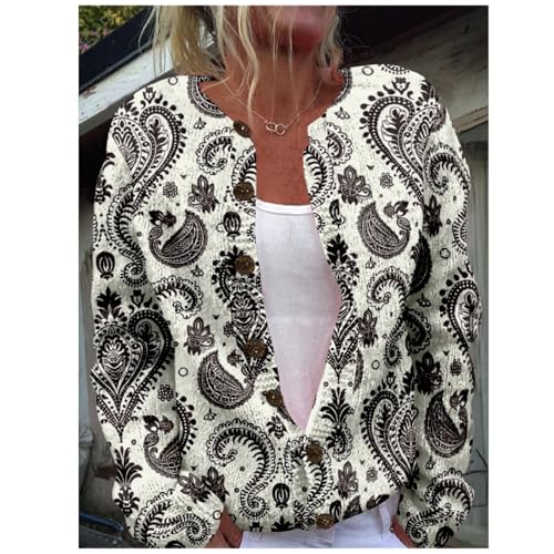 MARSVOVO Women Vintage Polka Dot and Paisley Pattern Button Down Crew Neck Open Cardigans Novelty Fall Sweater Tops2