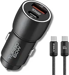 Carregador Veicular Turbo 60W Para Automóvel Carregador de Carro Duas Entradas com Carregamento Super Rápido Cabo USB-C Nylon 60w Premium Compatível Com IOS E ANDROID Compatibilidade Universal