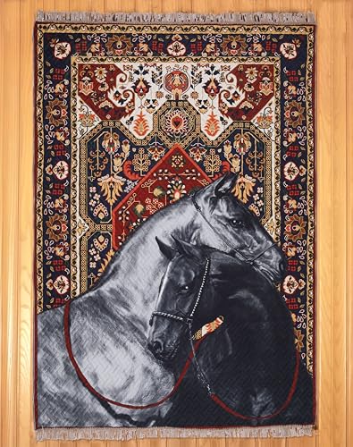 Image of Sparrow World Holland Velvet Quilted Printed Foam Padded Carpet - Premium Home Decor Rug for Living Room, Bedroom, Kitchen, Drawing Room, Hall, Guest Room (5 x 7 Feet) (Black-Grey-Horse)