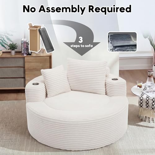Image of Oversized Round Chair Lounge Chaise Indoor, 55.5 inch Upholstered Corduroy Deep Seat Single Cloud Sofa Chair with Cup Holder, Modern Large Circle Boneless Sleeper Sofa for Living Room, Beige White