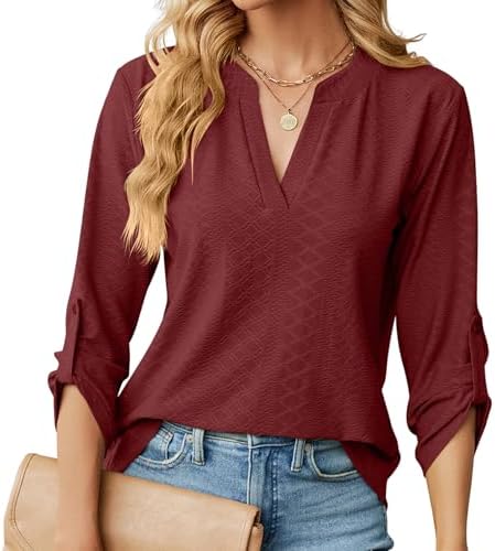 HANERDUN Damen Bluse V Ausschnitt Tops 3/4 Ärmel Oberteile Elegant Blusen | Jacquardgewebe Hemd, Casual Blusen, Musselin Bluse Damen, Fashion Solide Tunika, Langarm Tops, Leicht, D