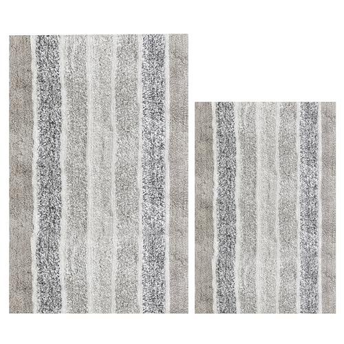 Ramanta Home Alpine Stripe 100% Cotton Bath Rug Set of 2 - Light Grey, Non Slip Soft Absorbent Bath Rug Set for Bathroom, Kitchen, Machine Washable Floor Mats - 21x32 & 17x24 Inch