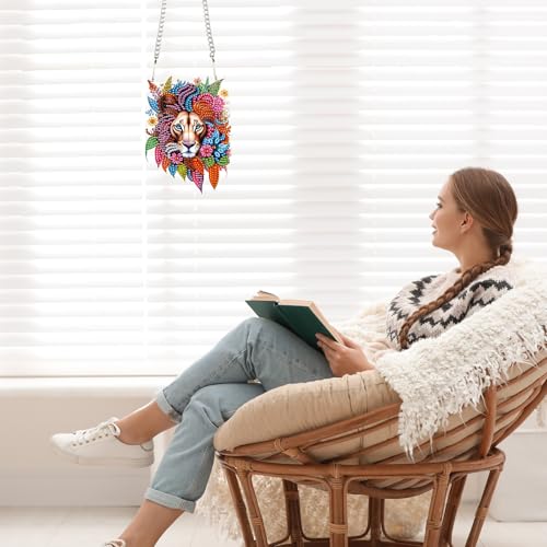 Image of Lion Diamond Painting Hanging Pendant Kit, DIY Crystal Acrylic Sun Catcher Diamond Art for Adults, 5D Special Shaped Rhinestone Ornament for Window, Wall or Garden Decoration, Handmade Animal Gift