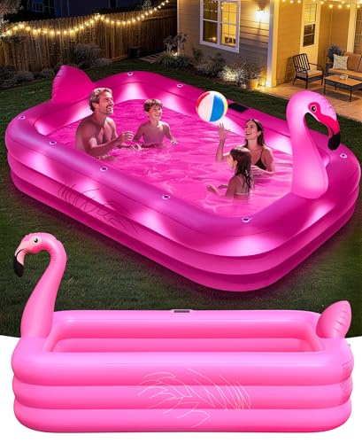 PoolLeader Aufblasbarer Pool Erwachsene Großes Gartenpool Rechteckig mit Solar Licht Haltbar Flamingo Planschbecken Erwachsene aus Hochwertigem PVC 254x160x50cm Draußen Aufblasbarer Familienpool