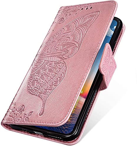 Image of ClickCase Butterfly Series for iPhone 15 Plus Leather Embossing Wallet Flip Case Kick Stand Magnetic Closure Flip Cover for iPhone 15 Plus (Rose Gold)