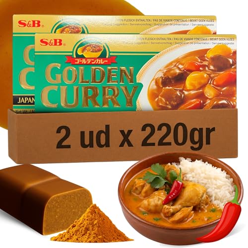 Curry Japones en Pastilla, Pastillas de Golden Curry, Pasta curry japonés Medio picante, Elaborado con 35 especias diferentes, Apto para elaborar unas 12 raciones, Medio picante, Contiene 440 gr