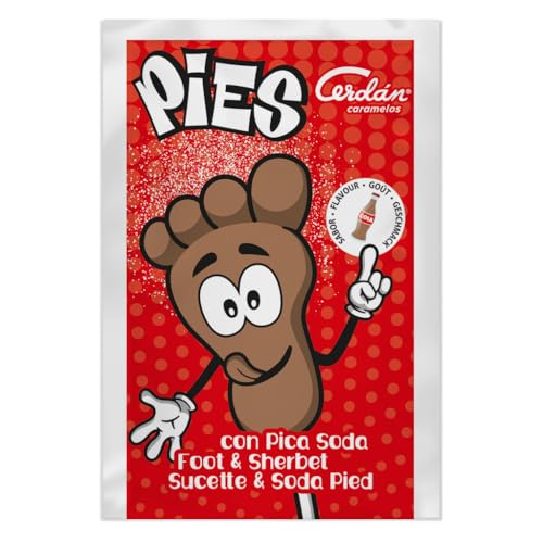 Caramelos Cerdán - Pies | Piruletas Pintalenguas con Forma de Pie en Sobre con Soda Sabor Cola | Sin Gluten ni Alérgenos | Ideal para Fiestas, Eventos y Cumpleaños | Estuche con 40 Unidades