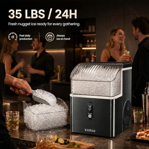 Image of Kismile Nugget Ice Maker Countertop, 35Lbs /24H Pebble Ice Maker with Chewable Pellet ice, First Ice in 7 Mins, Self-Cleaning Ice Machine with Removable Basket for Home & Kitchen(Black)
