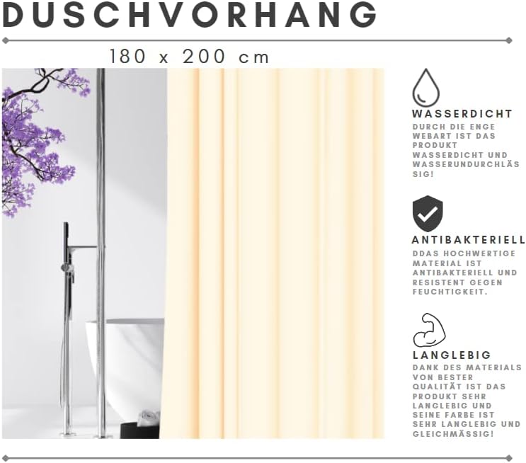 SEPIO Shower Curtain with Curtain Hooks, Shower Curtain Rings 180 x 200 cm, Waterproof, Antibacterial, Made of Best Material - Image 4