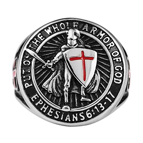 HZMAN Knights Templar Put On The Whole Armor of God Ephesians 6:13-17 Red Cross Design Men's Stainless Steel Ring3