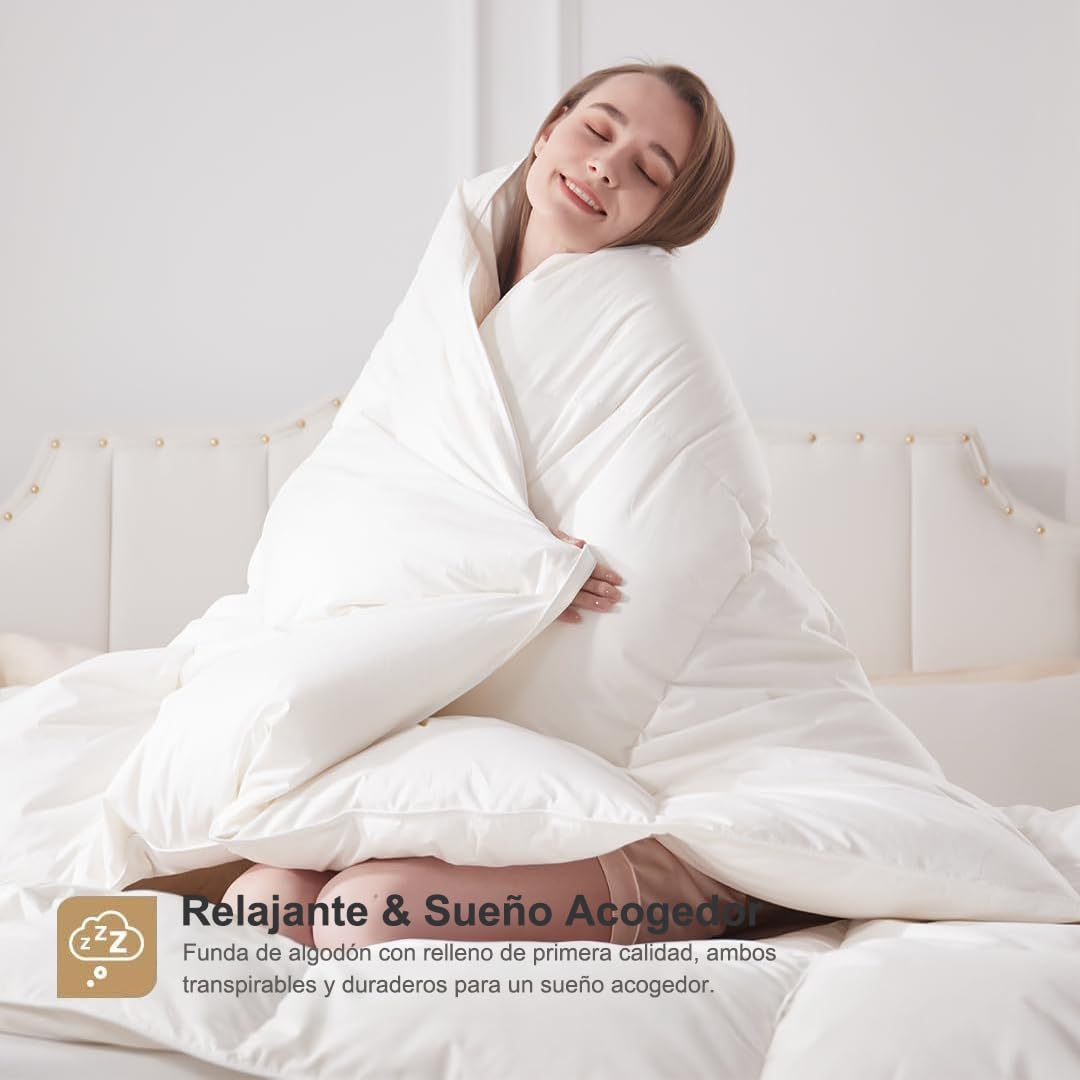 DWR Edredón Nórdico Cama 90-155x220 cm, Relleno Nórdico Verano de Plumas y Plumón, Edredón Ultra Ligero,180 g/m²,100% Algodón Orgánico, Certificado Oeko-Tex y RDS, Blanco Marfil.