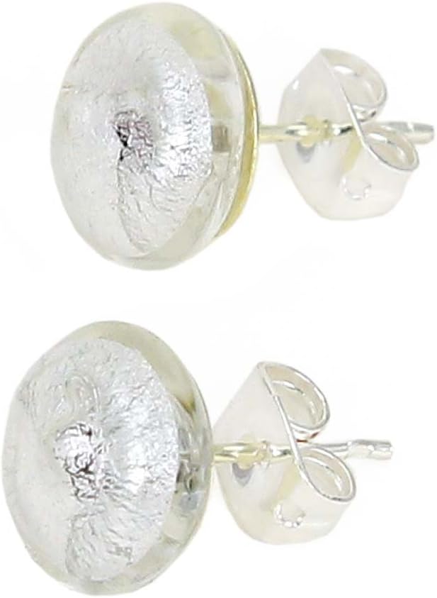 Glass Of Venice Murano Glass Button Stud Earrings - Silver White