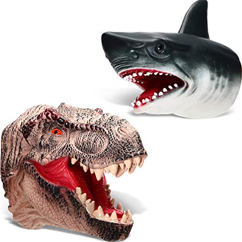 Blulu Tyrannosaurus Rex Duel Prehistoric Shark Hand Puppet Set Role Play Toys, Soft Rubber Realistic Shark and Dinosaur Toys, Animal Puppets Rubber Set of 2