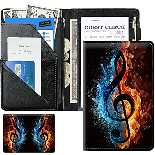 Music Notes Cute Server Books for Waitress, Waiter Book Server Wallet with Zipper Money Pocket, Waitress Ticket Book Holder Restaurant Waitstaff Organizer with Pen Holder Fit
