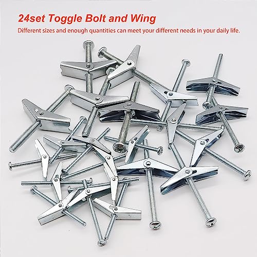 weideer 24Pcs 1/8\'\' 3/16\'\' 1/4\'\' Toggle Bolt and Wing Nut Kit Drywall Anchors and Screws Assortment Set for Hanging Heavy Items on Drywall K-089-24 - Thumbnail 6