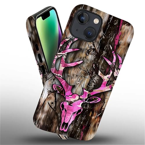 Coque iPhone 14 Plus camouflage cerf rose et silicone rigide hybride
