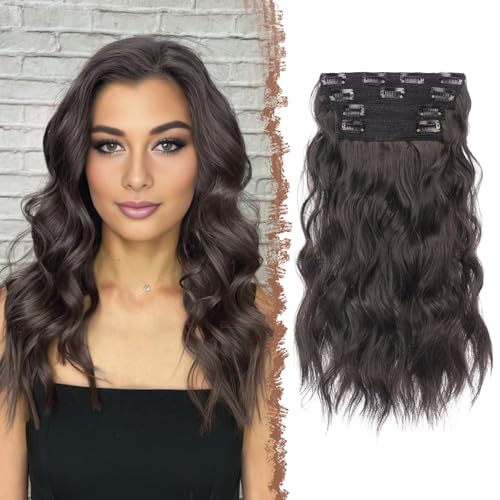 FESHFEN Extensiones de Clip de Pelo, 4 PCS Largo Cabello Extensiones con Clips Extensiones de Cabello Postizo Negro Natural Sintético Ondulado Rizado Extensión de Cabello para Mujer 40 cm
