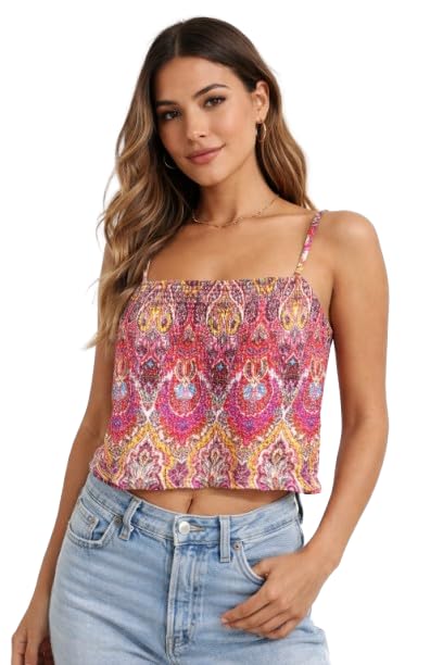 nobarr Women's 100% Cotton Smocked Ruched Cami Crop Top | Square Neck | Sleeveless | Adjustable Spaghetti Straps | Stretchable Casual Summer Top | Red-picture-25