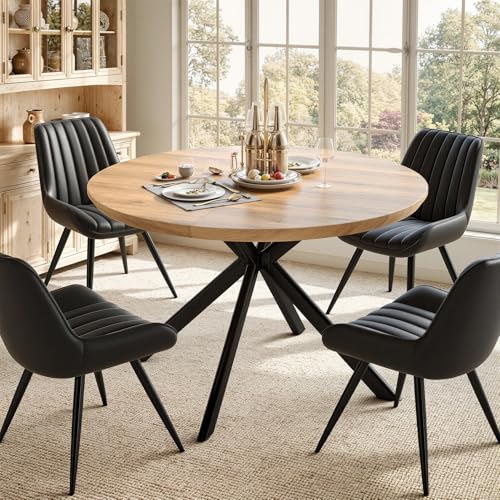 47.2" 5-Piece Round Dining Table Set for 4, Modern Wood Dining Table with 4 Upholstered Chairs, Kitchen & Dining Room Table Set with Metal Base for Apartment, Small Space, Natural Table+4 Balck Chairs