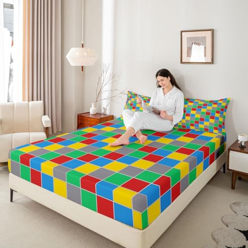 Image of Erosebridal Geometric Checkered Bedding Set Full Colorful Checkerboard Bed Sheets Rainbow Plaid Sheet Set Kids Boys Girls,Red Blue Green Yellow Grids Fitted Top Sheets 4 Piece