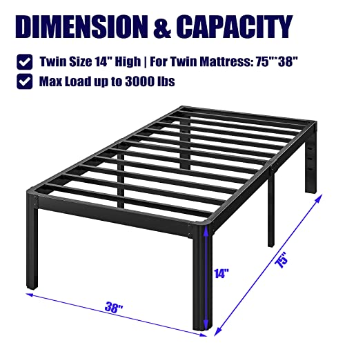 Hunlostten 14In Heavy Duty Twin Bed Frame No Box Spring Needed, Metal Platform Bed Frame Twin With Round Corners, Easy Assembly, Noise Free, Black #TOP2
