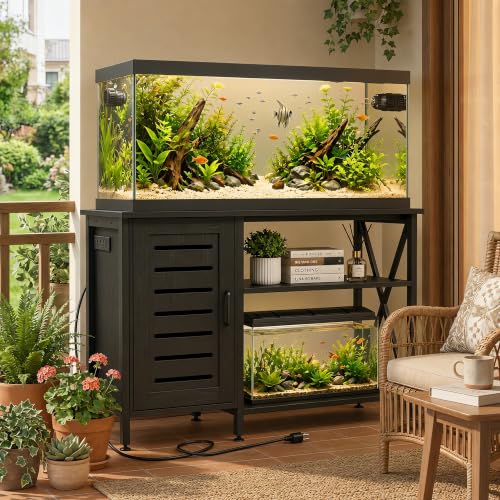Image of Herture 55-75 Gallon Fish Tank Stand,Aquarium Stand with Cabinet Accessories Storage,Heavy Duty Metal Frame,Aquarium Cabinet with Power Outlets 52 inch L*19.68 inch W Tabletop,1200LBS Capacity,Black PG05YGB