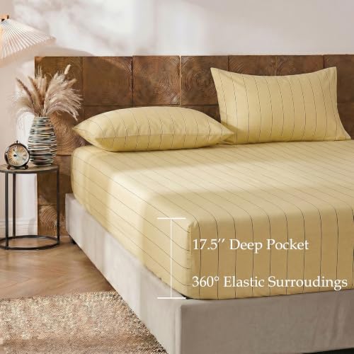 Image of Merryword Yellow Striped Sheet Set King Size - 100% Cotton Striped Bedding 4 Pieces, Soft Breathable Percale Weave, 17.5 inch Deep Pocket, Luxury Linen Like, All Season Comfort