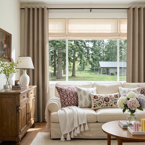 Image of Linen Textured Total Blackout Curtains 96 Inches Long, Copper Brown | 100% Blackout Shield Grommet Blackout Curtains for Bedroom, Thermal Insulated Drapes for Living Room, 50 inchW x 96 inchL, 2 Panels