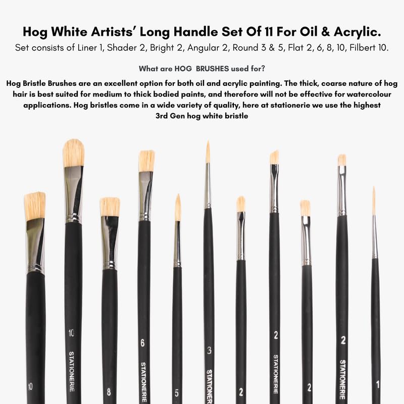 Image of Stationerie Hog Paint Brush Set of 11 (Mix Paintbrush Set of 11) - Long Handle Artist Paintbrushes with Natural Hair for Oil Painting & Mixed Media (Black)