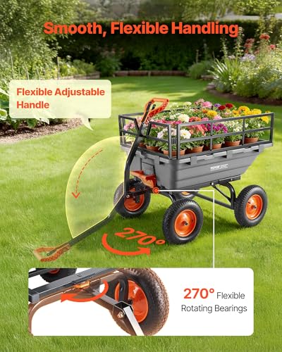 Image of VEVOR Garden Dump Cart 1500lbs 15 Cu.Ft, Heavy Duty Wheelbarrow with Convertible Handle and 16 inch Flat Free Tires, Outdoor Yard Wagon ATV Trailer Dump Cart Tow Behind for Lawn Mower Tractor