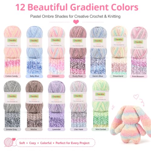 Image of Coopay Skinny Chenille Yarn, 12 Colors Gradient Velvet Yarn for Crocheting