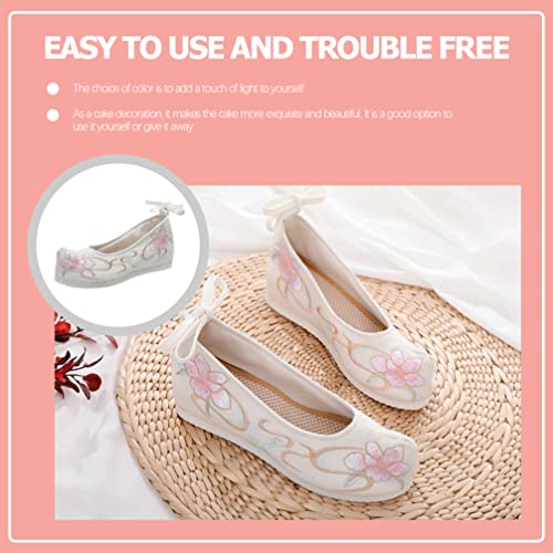 1 Pair Women Hanfu Shoes Chinese Embroidered Flower Flat Retro Ethnic Slope- Heel Shoes Vintage Floral Silk 5