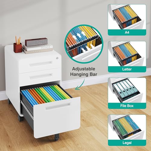Image of 3 Drawer File Cabinet with Lock,Under Desk File Cabinet,White Rolling File Cabinets,Three Drawer Filing Cabinets for Home Office with Wheels,Fit A4 /Letter /Legal File,Fully Assembled Except Casters