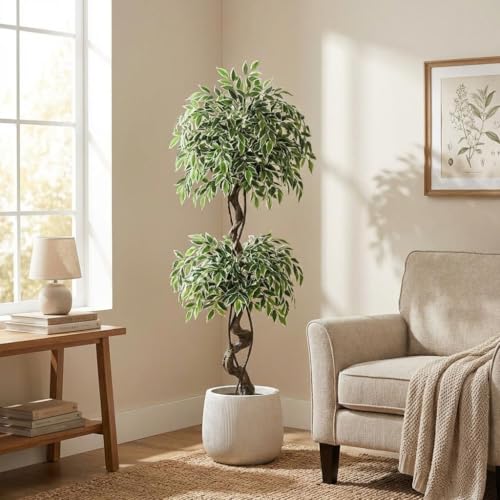 5ft Artificial Ficus Tree, Tall Fake Plants Indoor with White Planter & Pebbles, Realistic Variegated Silk Faux Tree with Natural Wood Trunk, Floor Plant for Living Room Corner, Home Office Decor - image 1
