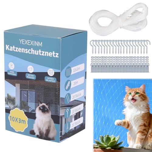 YEXEXINM Katzennetz für Balkon und Fenster - 10 x 3 m Reißfestes und Wetterfestes Katzenschutznetz - Inkl. Montagematerial für einfache...