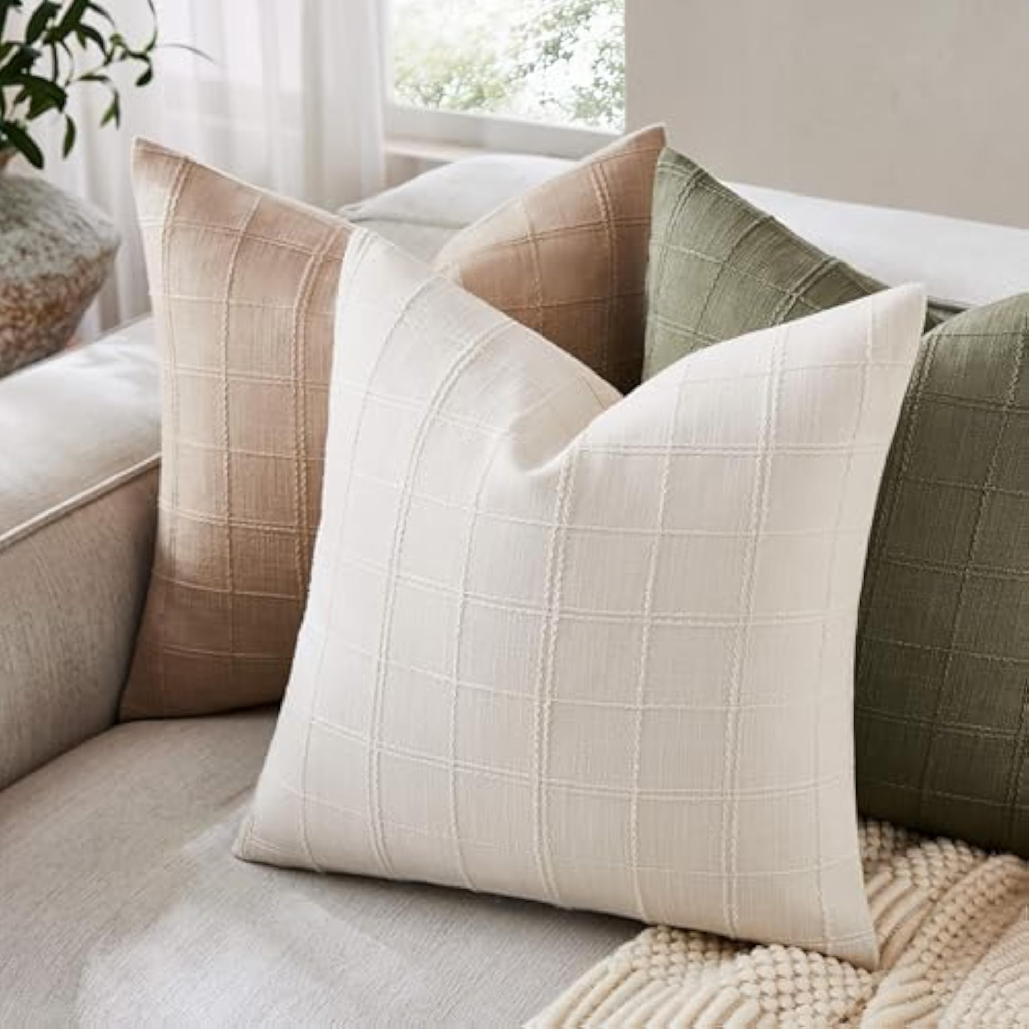 Linen Checked Throw Pillow Covers Set of 2, 18x18 Inch Ivory/Cream