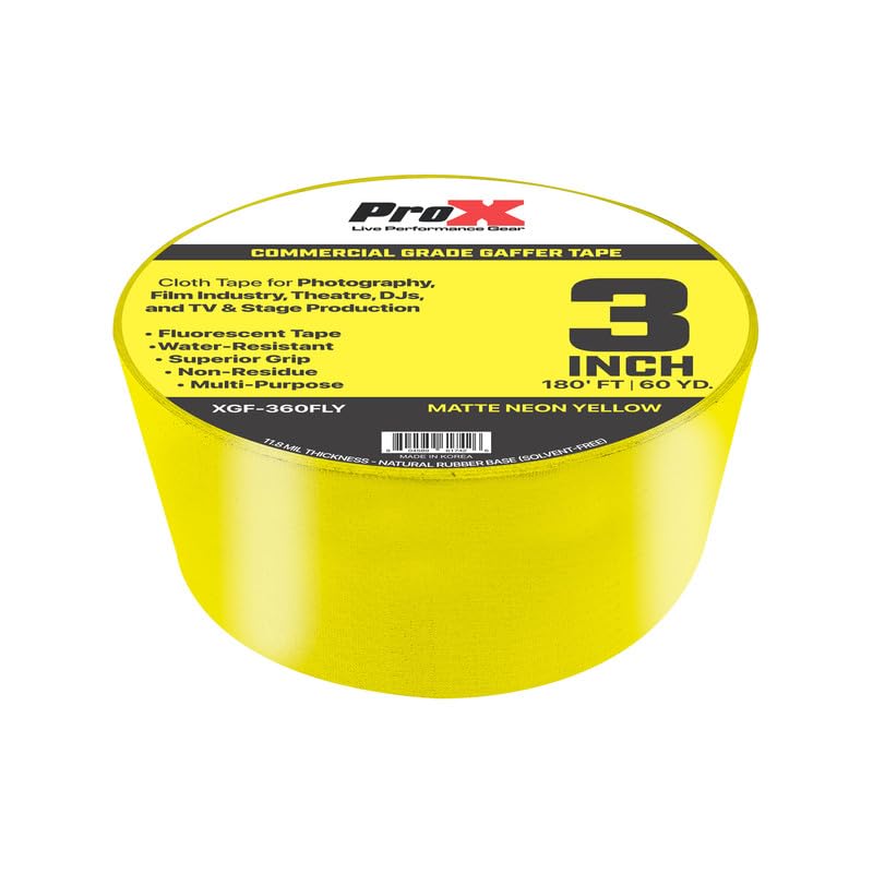 Prox XGF-360FLY 3 Inch 180FT 60YD Fluorescent Yellow Commercial Grade Gaffer Tape Pros Choice Non-Residue