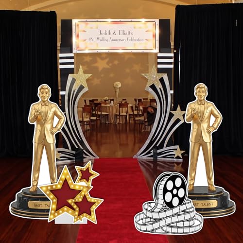 Image of 4 Pcs Movie Night Party Decorations Includes Film Strip Cardboard Star Cutout Gold Man Standees with Sturdy Bases for Movie Red Carpet Themed Birthday Party Photo Booth Props