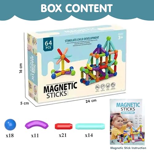 Image of Kidology Magnetic Building Blocks Toys | Playing Stacking Game Magnetic Sticks & Balls for Kids Toy | Magnet Construction Build Kit Preschool Learning Educational Toys 3D Puzzle (64 Pieces)