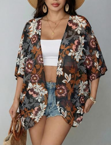 Image of Chunoy Women Floral Beach Wear Cover Up Chiffon Kimono Cardigan Open Front Blouse Top