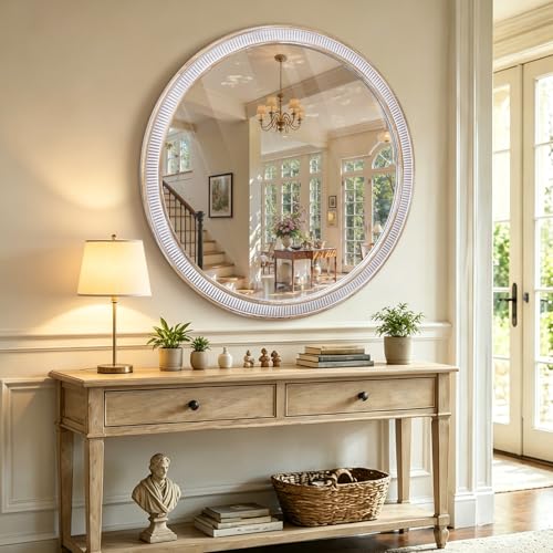 Image of 30 Inch Round Mirror, Rustic Farmhouse Circle Mirrors for Wall Decor | HD Tempered Glass, Over-sink Accent, Warm Wooden Look, Decorative Style for Living Room, Foyer, Entryway, Bathroom