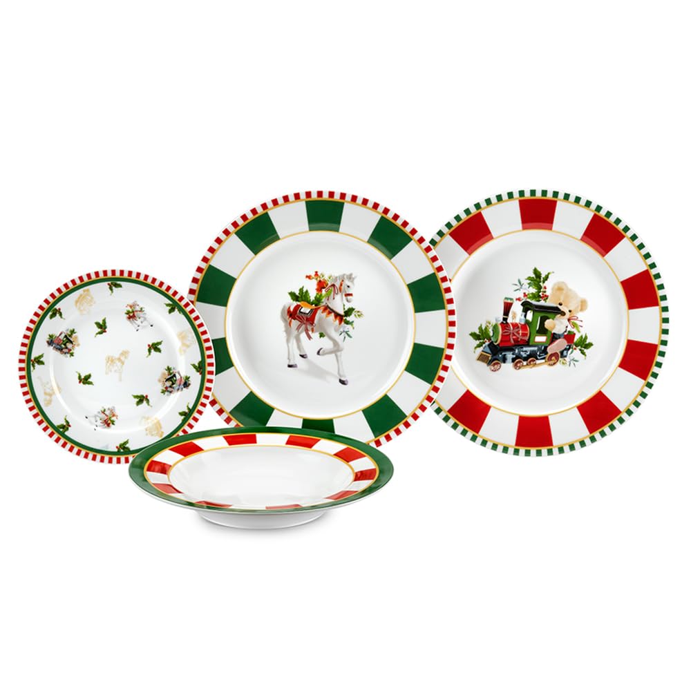 Fade Set 18 platos navideños, servicio para 6 personas en porcelana con adornos navideños "Circo"