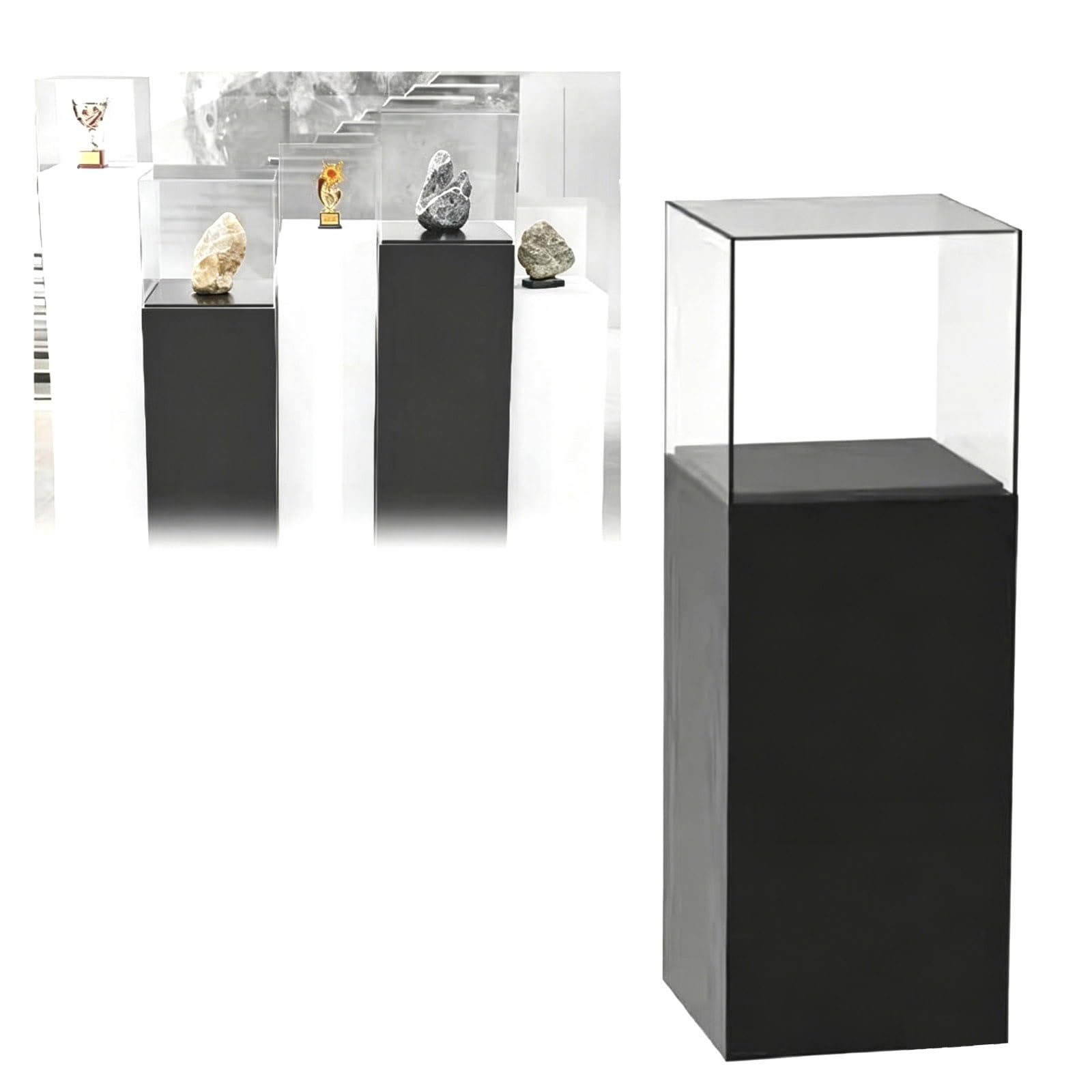 Pedestal Expositor Soporte Elevado con Tapa Antipolvo de Acrílico Transparente, Vitrina Resistente de Alta Densidad Acabado Liso Para Galería, Trofeos(Black,30x30x130cm)