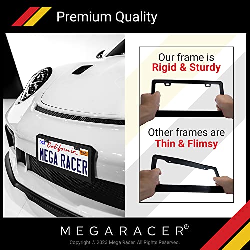 Mega Racer Metal Black License Plate Frame - 2 Hole Slim Front Or Rear Black Aluminum License Plate Frames With Stainless Steel Screws And Black Screw Caps (1 Piece) #TOP2