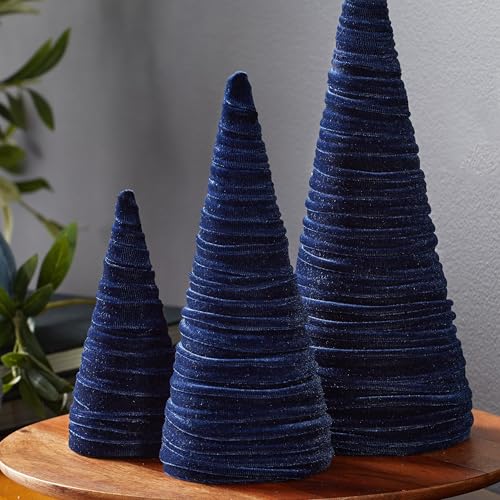 Image of Navy Velvet Trees Set of 3, Elegant Mantel Decor, Handcrafted Holiday Entryway, Minimalist Gift for, Valentine Tabletop, Winter Decor (Navy)